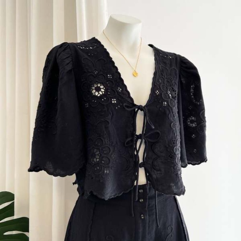Sea New York Black Eyelet Lace Tie-Front Crop Top